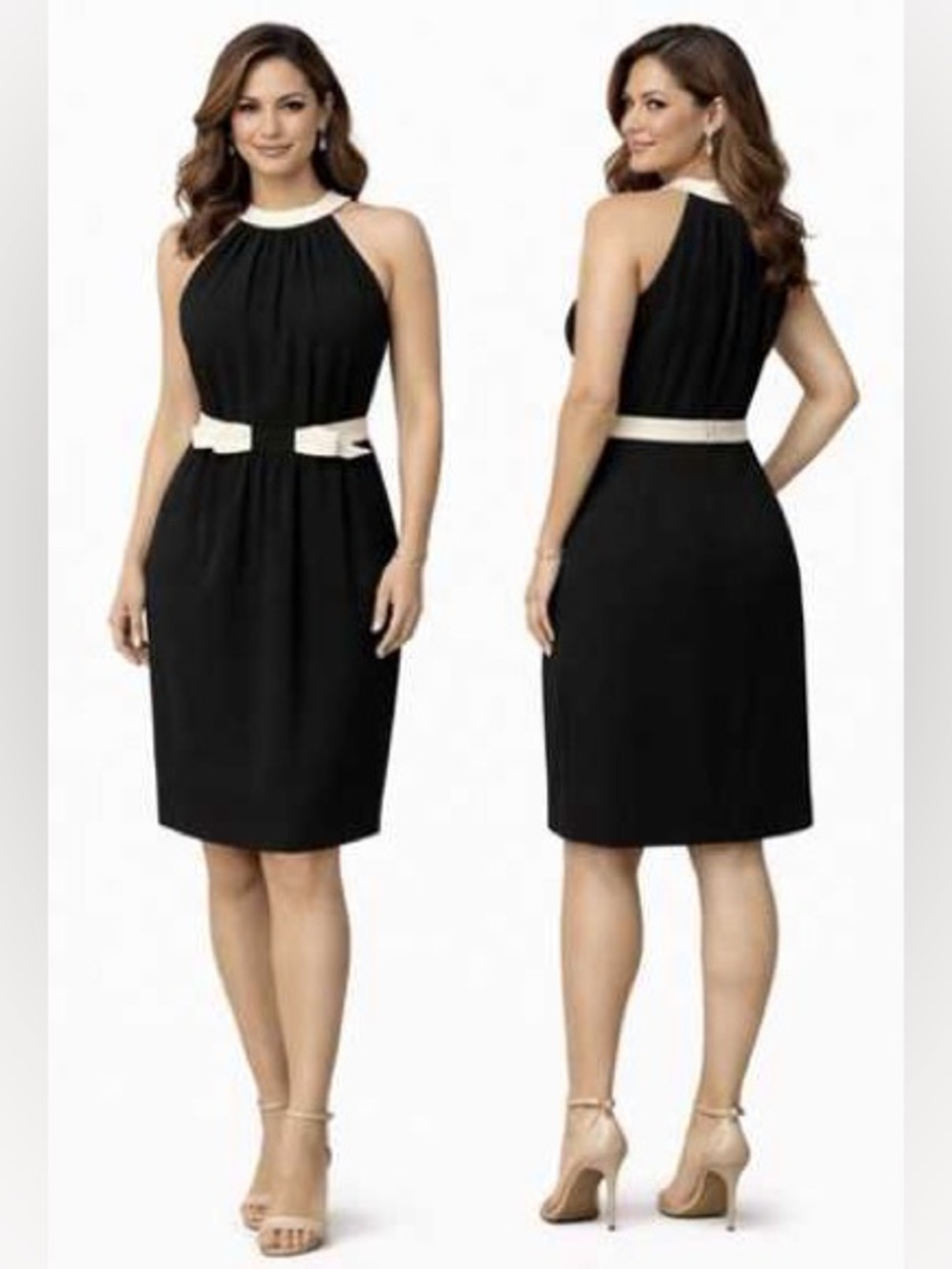 Adriana Papell Sleeveless Black Dress with White Trim and Waist Bows